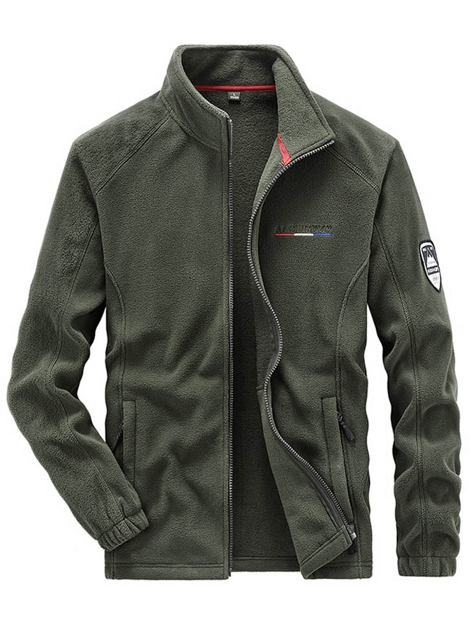 Outdoor Zipper Fleece Hiking Jacket in olive green with inside pockets for men, featuring a stand collar and durable polyester-spandex blend.