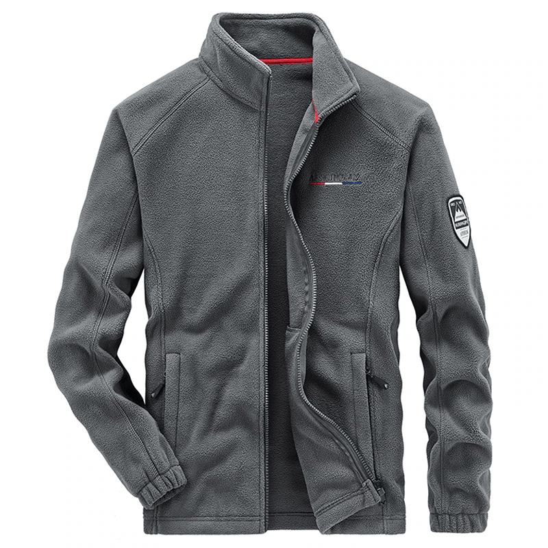 Outdoor zipper fleece hiking jacket with inside pockets for men, stand collar, solid pattern, in gray, SF0686 model.