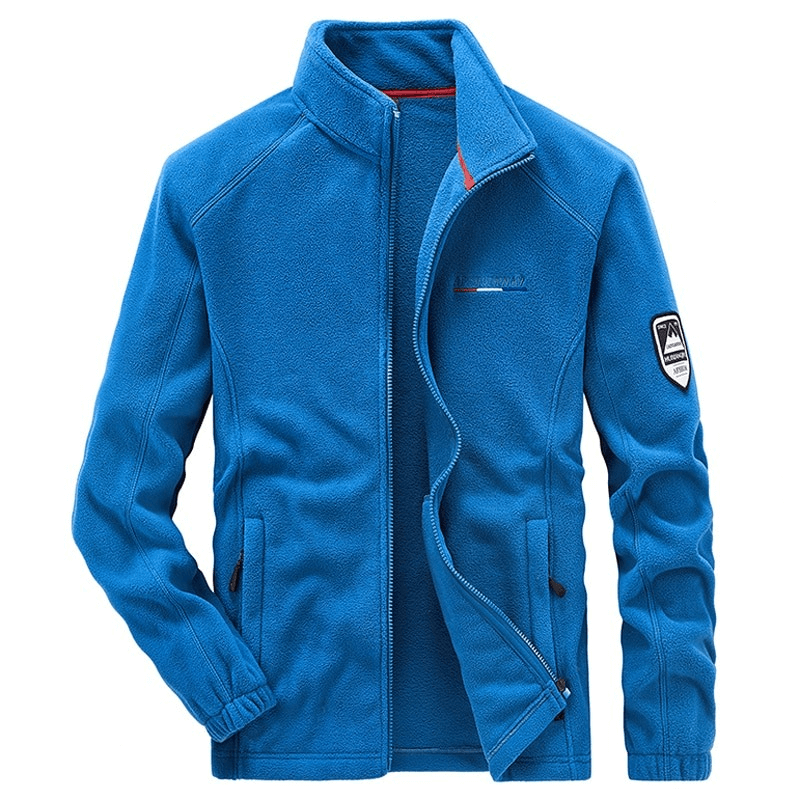 Blue Outdoor Zipper Fleece Hiking Jacket for Men with Stand Collar and Inside Pockets, crafted from polyester and spandex for winter warmth.