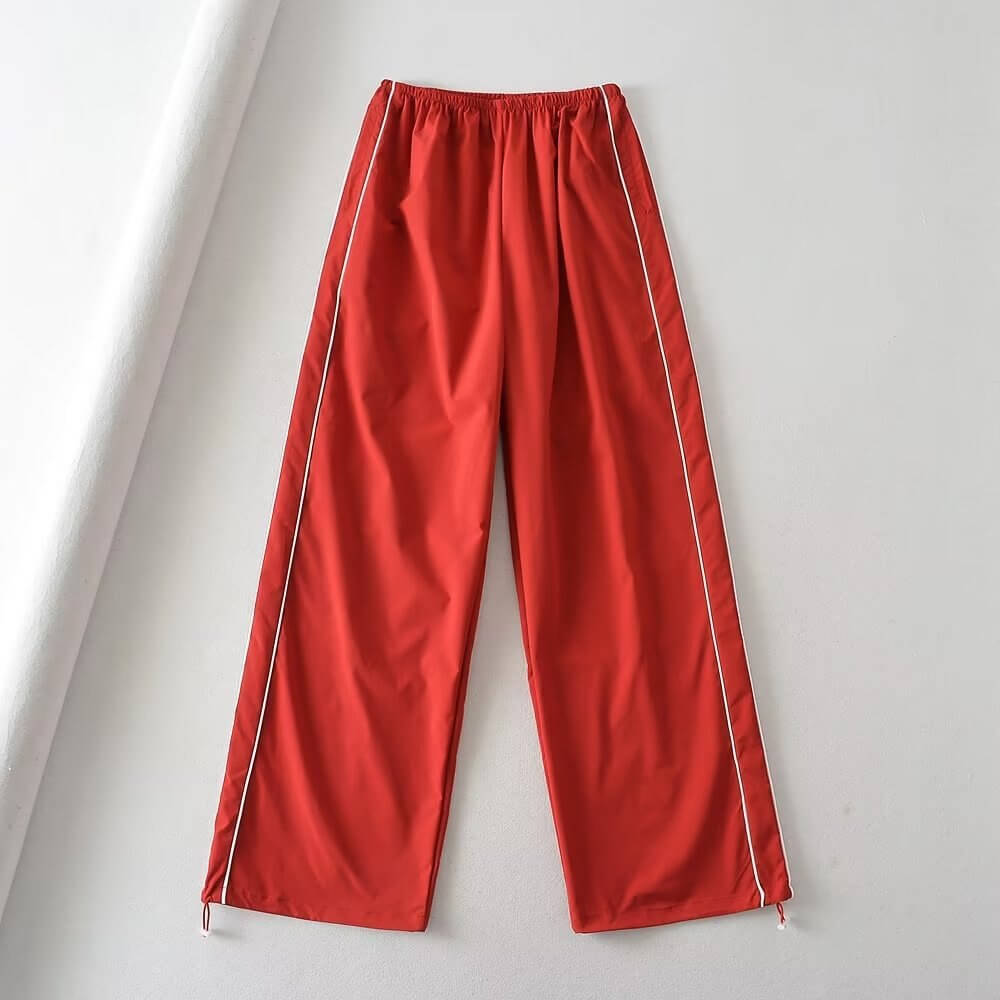 Oversized baggy solid high-waisted red sweatpants for women with white side stripes, perfect for summer comfort and style, SF1031.