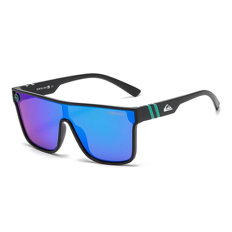 Oversized sports goggles with anti-reflective blue lenses, UV400 protection, and a black plastic frame. Perfect for the beach.