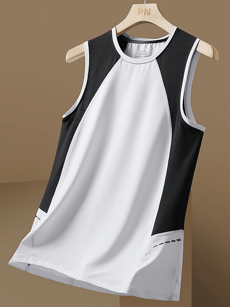 Stylish patchwork O-neck men's tank top in black and white, perfect for gym or casual wear, crafted from breathable, lightweight polyester fabric.