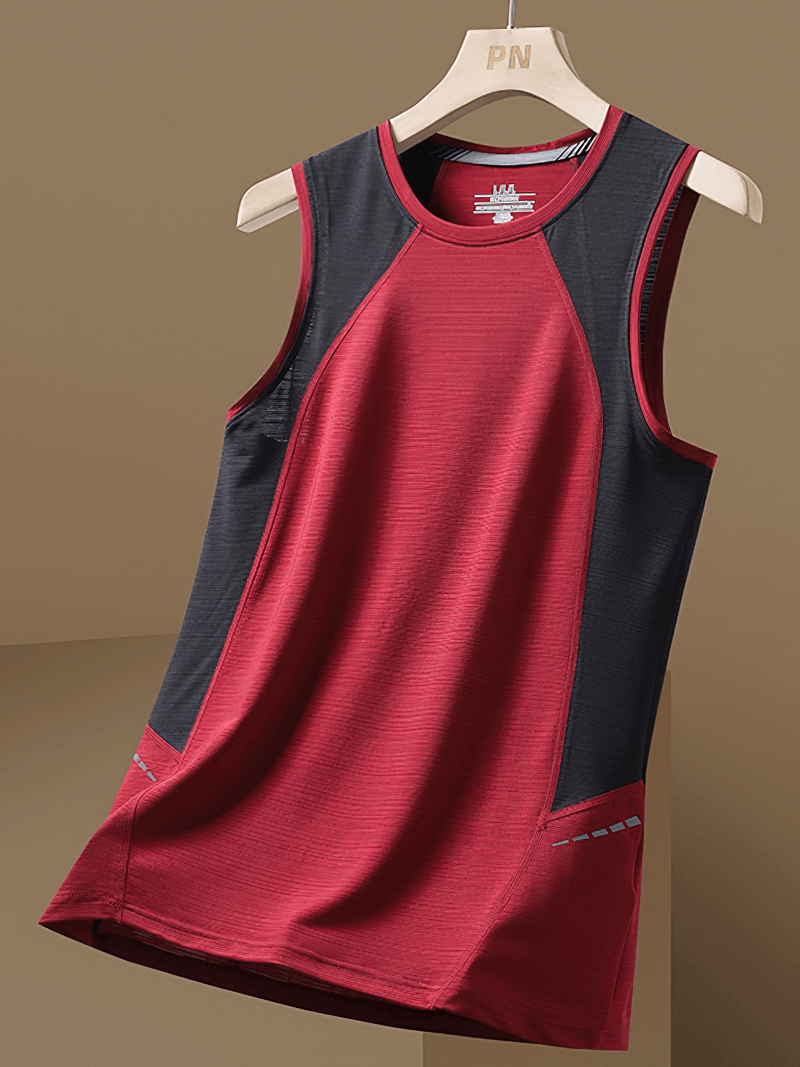Patchwork O-Neck Elastic Men's Tank Top in red and black on hanger, ideal for casual and gym wear, breathable polyester fabric.