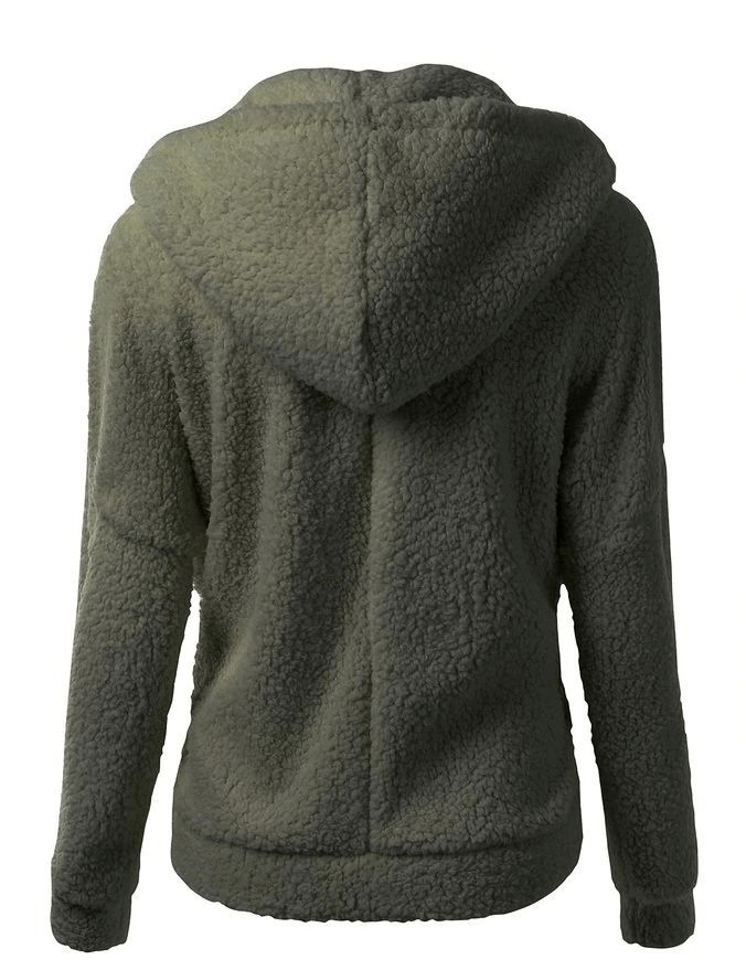 Plain women's fleece jacket with hood and zipper, shown from the back, in olive green. Casual zip-up style with soft fleece fabric.