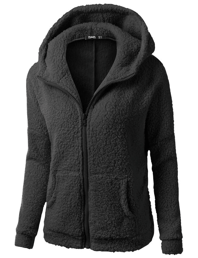 Plain women's fleece jacket with hood and zipper, cotton-polyester blend, full sleeves, casual style. SF0141