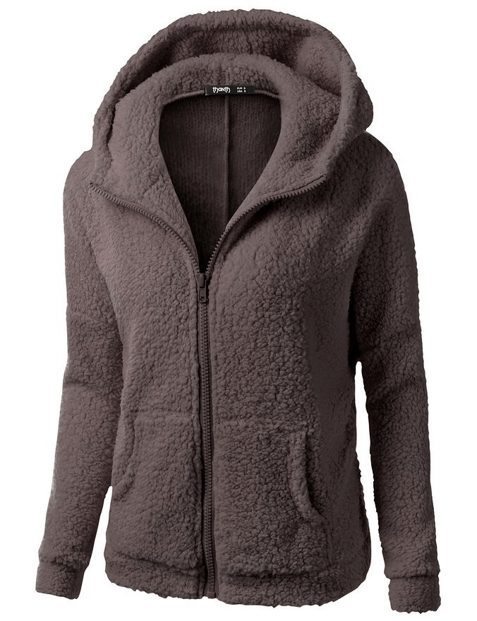 Plain women's zip-up fleece jacket with hood, featuring full sleeves, turn-down collar, and two pockets in brown cotton-polyester blend.