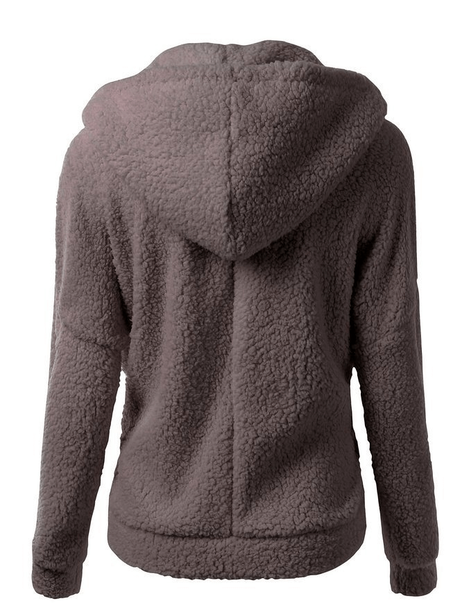 Back view of Plain Women's Fleece with Hood on Zipper, featuring soft fleece fabric, casual style, and hood, ideal for winter comfort.