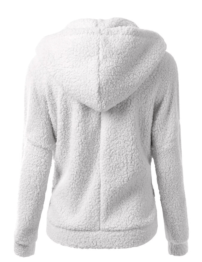Back view of Plain Women's Fleece with hood, zip-up style, cozy and warm fabric, perfect for chilly winter nights.