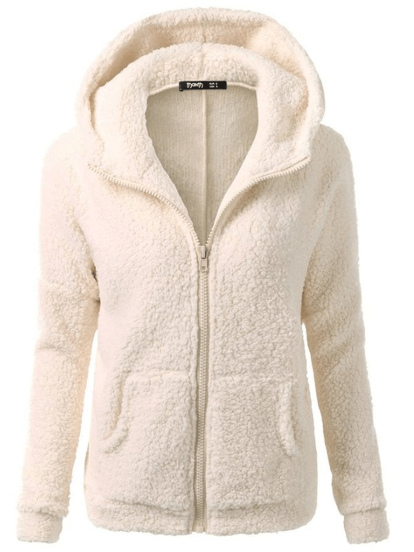 Plain Women's Fleece with Hood on Zipper SF0141. Cozy, casual zip-up jacket in cream, cotton-polyester blend, perfect for chilly nights.