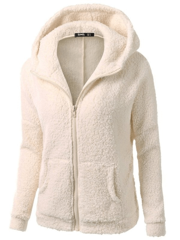 Cozy women's fleece hoodie with full sleeves, zipper closure, and pockets. Casual winter jacket in soft cotton-polyester blend.