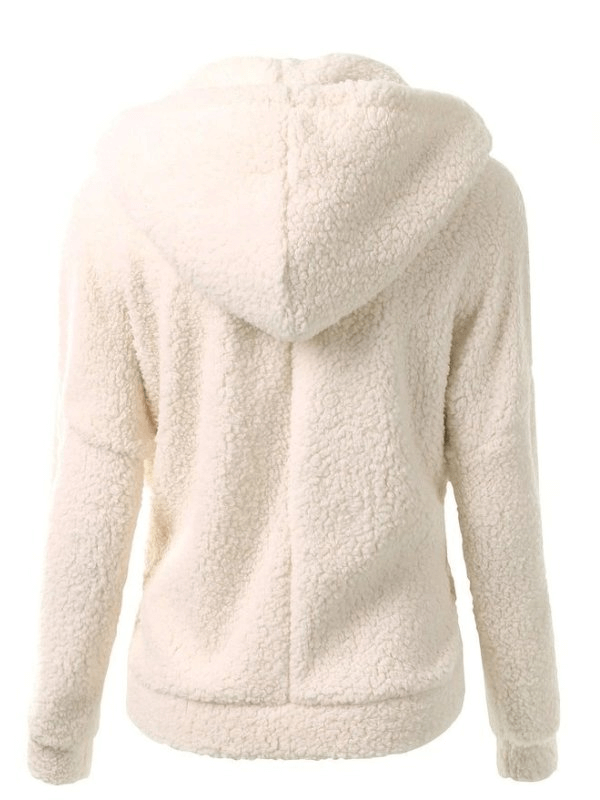 Plain women's fleece with cozy hood and zipper, made of cotton-polyester blend for warmth. Perfect winter jacket for casual style.
