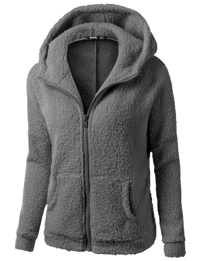 Plain Women's Fleece with Hood and Zipper, casual zip-up jacket, cotton-polyester blend, winter warm, two pockets, female style.