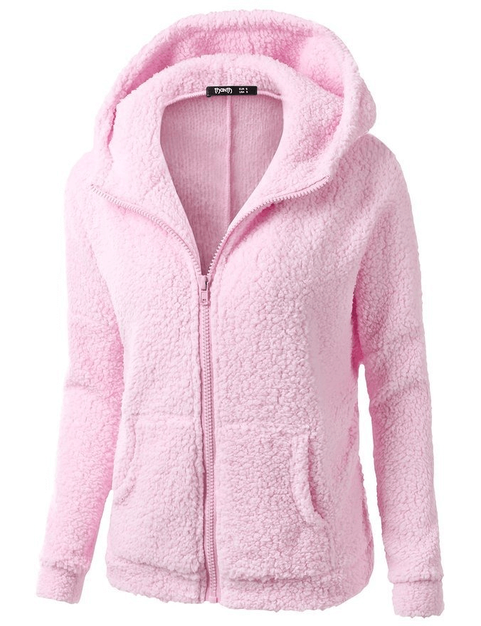 Pink women's fleece hoodie with zipper and pockets, made of cotton-polyester for warmth and comfort. Perfect for casual winter wear.