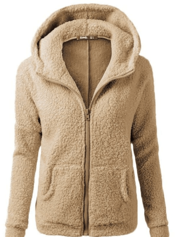 Plain women's fleece jacket with hood and zipper, cozy and casual style, made from cotton-polyester blend, perfect for winter warmth.