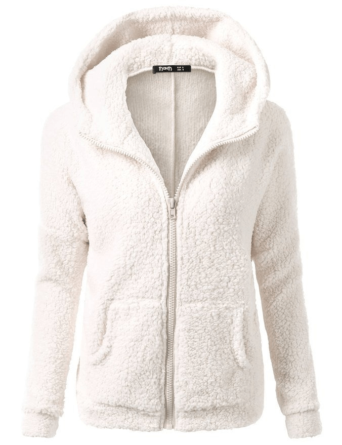 Plain women's fleece with hood on zipper, SF0141. Cozy cotton-polyester blend jacket with full sleeves and pockets. Casual style.