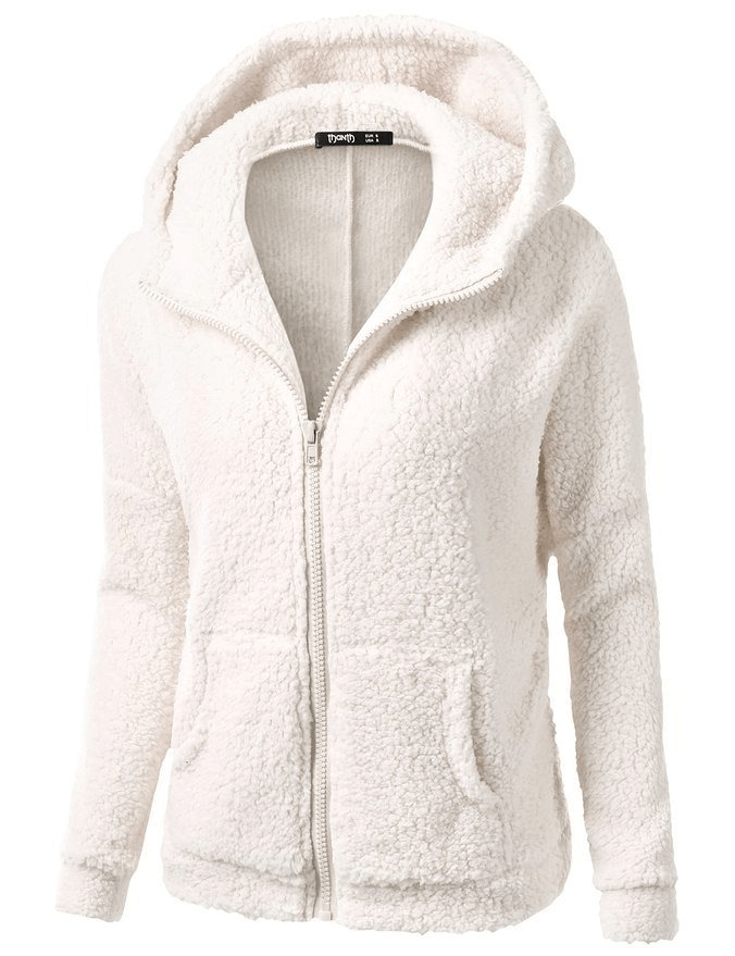 Plain Women's zip-up fleece hoodie with pockets and turn-down collar, cozy cotton-poly blend, perfect for casual winter wear. SF0141