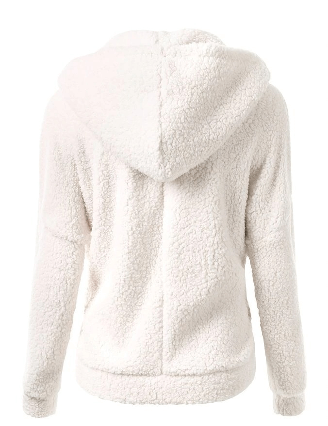 White women's fleece with hood and zipper, back view. Cozy and casual style perfect for winter. Cotton-polyester blend with medium stretch.