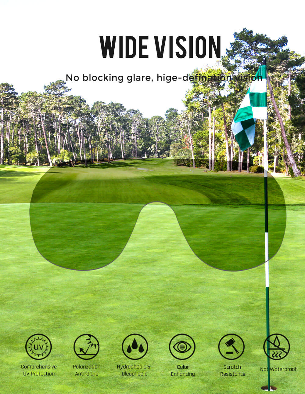 Wide vision sunglasses view on a golf course with icons showing UV protection, anti-glare, and scratch resistance features.