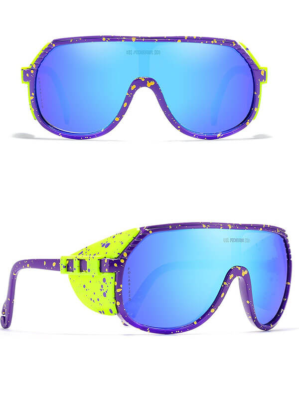 Polarized sports cycling sunglasses with blue lenses and yellow-purple frame, ideal for UV400 protection and stylish athletic wear.