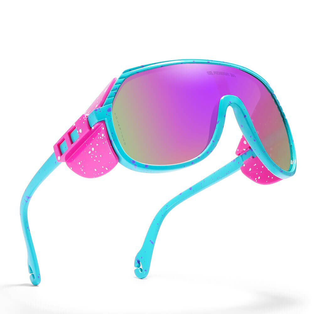 Vibrant turquoise and pink polarized anti-reflective sports bicycling sunglasses with purple lenses for optimal sun protection.