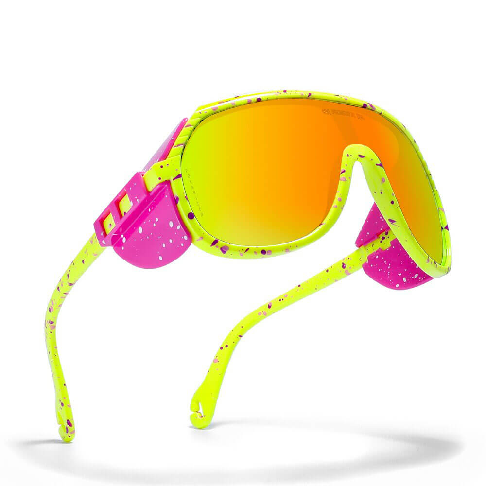 Vibrant polarized sports cycling sunglasses with yellow and pink frame, featuring anti-reflective, UV400 protection for bright sunlight.