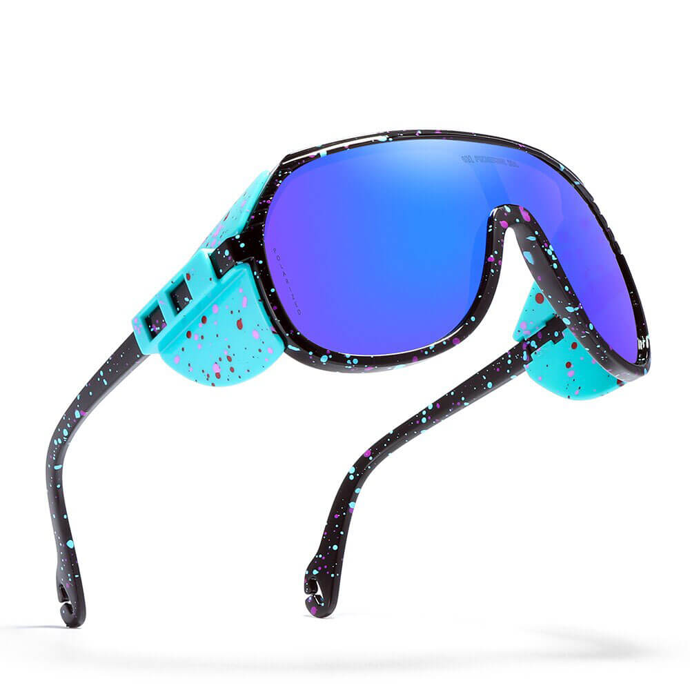 Polarized anti-reflective sports bicycling sunglasses SF0963 with blue lenses and colorful speckled frame, ideal for outdoor activities.