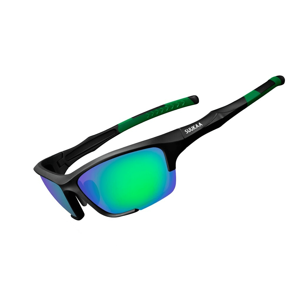 Polarized lightweight sports cycling glasses with green lenses, adjustable nose pads, and black-green arms, offering UV400 protection.