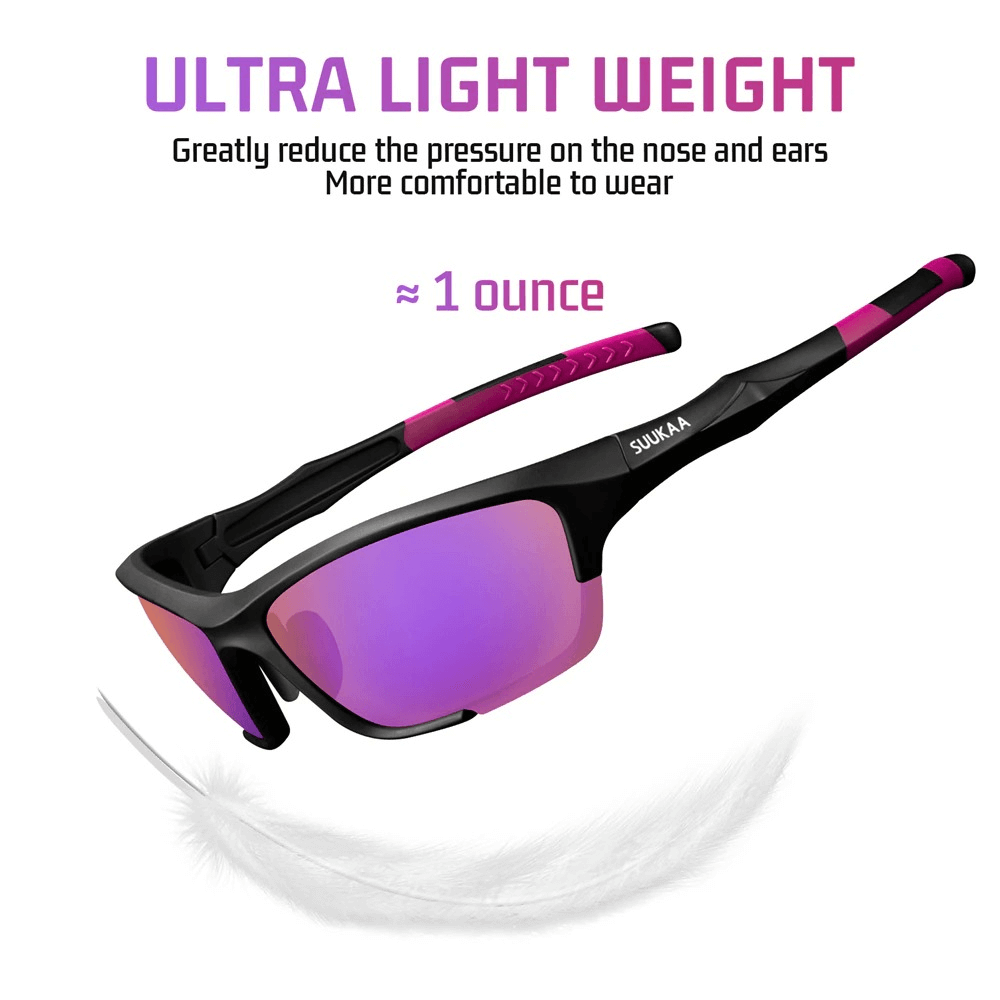 Polarized lightweight sports cycling glasses with adjustable nose pads, pink and black design, shown with feather for 1-ounce weight.