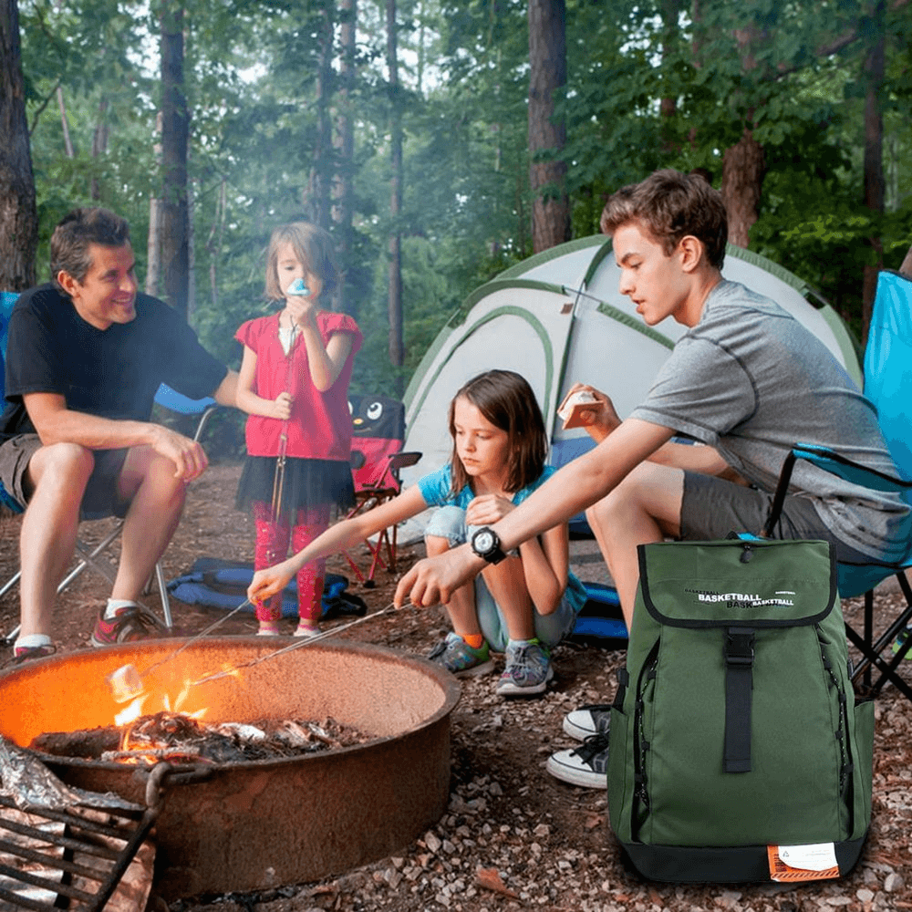 Family camping outdoors with Portable Sports Basketball Bag and campfire scene