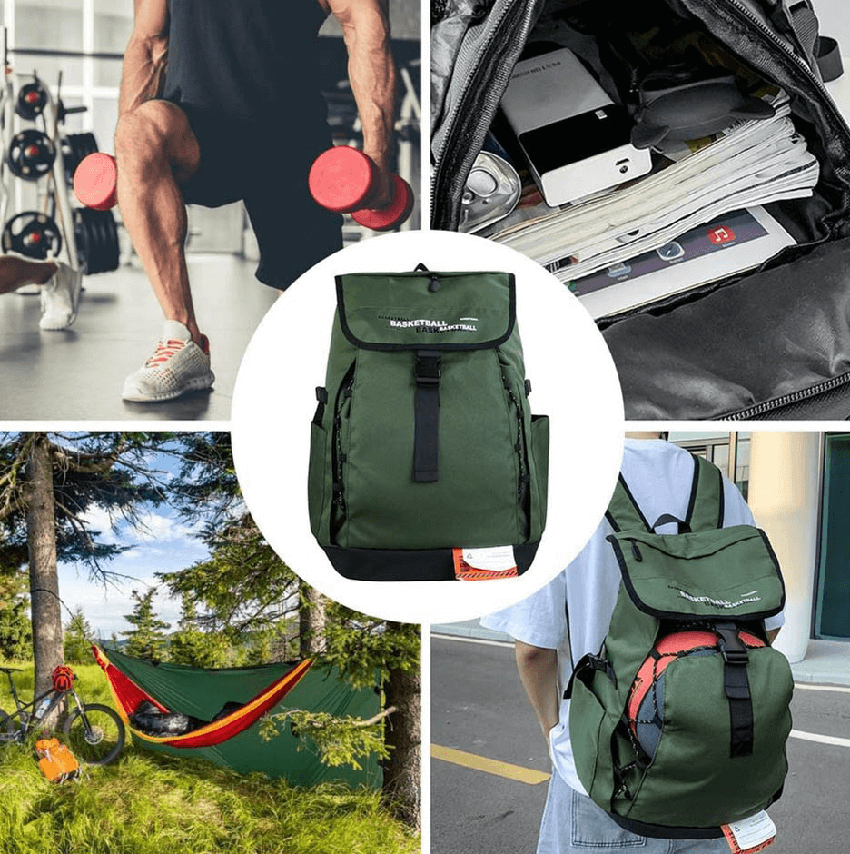 Portable Sports Basketball Bag with Ball Pocket, perfect for gym, outdoor adventures, and travel, shown in various lifestyle settings.