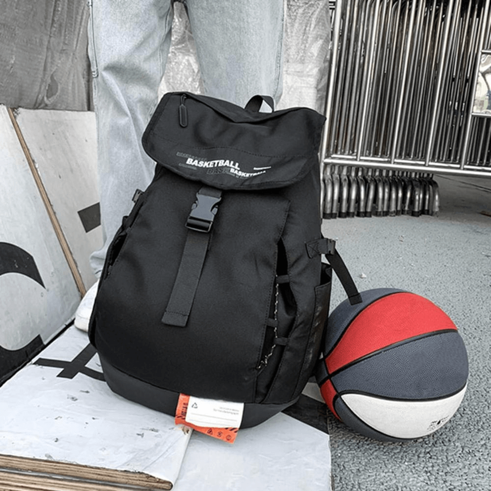 Portable basketball bag with ball pocket, black outdoor backpack with adjustable straps, durable Oxford cloth, perfect for sports gear.