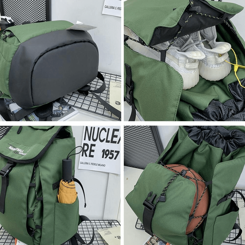 Green portable sports basketball bag with ball pocket, showing storage for shoes, umbrella, and basketball. Durable Oxford Cloth design.