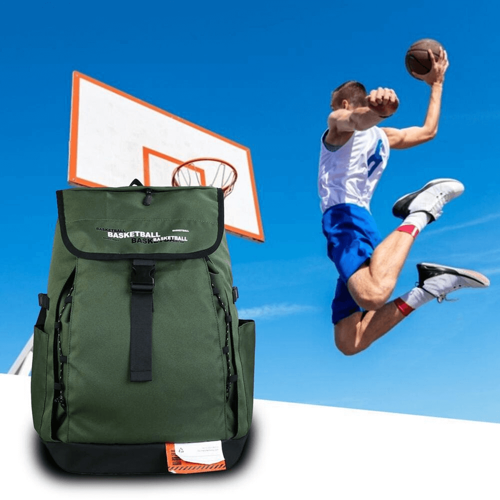 Portable basketball bag with ball pocket next to player dunking on outdoor court, adjustable strap, durable Oxford Cloth