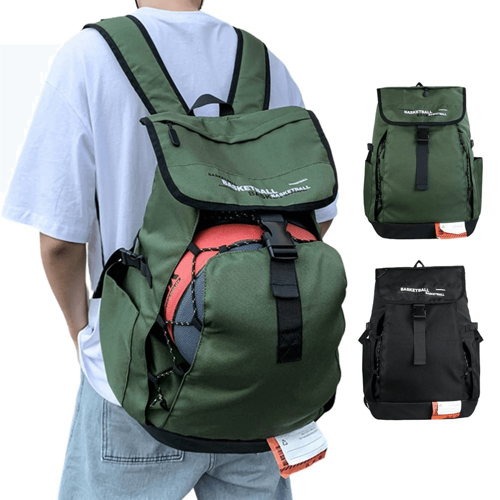 Green Portable Sports Basketball Bag with Ball Pocket, worn by model, showcasing adjustable straps and durable Oxford Cloth material.