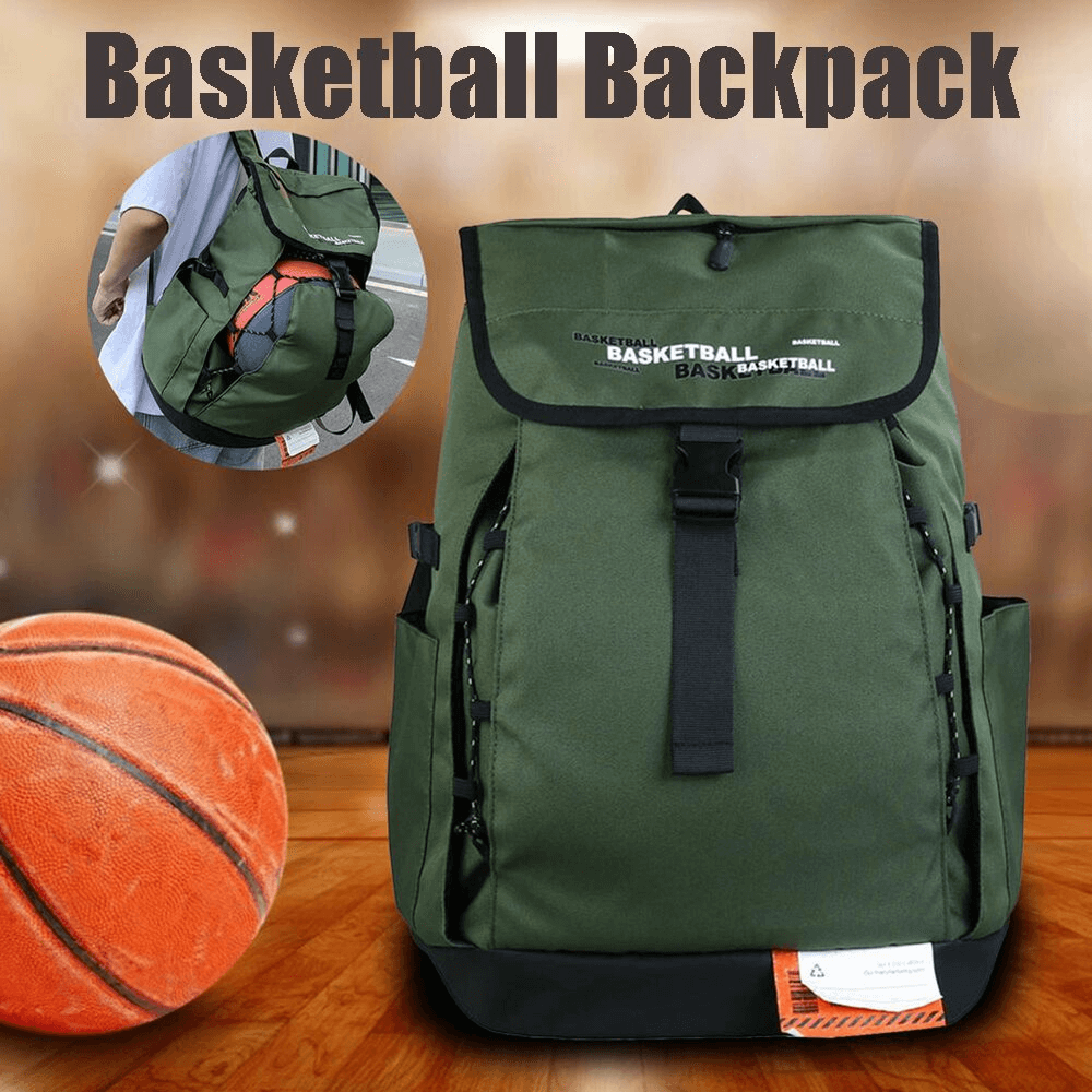 Green portable sports basketball backpack with ball pocket, featuring durable Oxford cloth and adjustable straps, perfect for outdoor use.