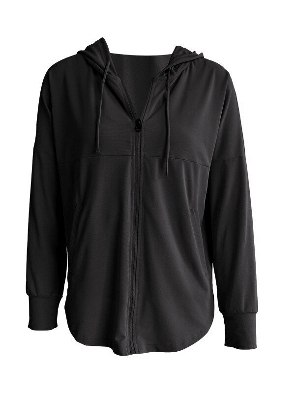 Black sports loose women's jacket with hood for training, made of nylon and spandex, ideal for jogging, running, and yoga.