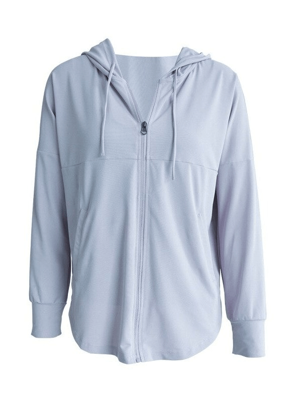 Sports loose women's jacket with hood, breathable quick-dry fabric, ideal for training and yoga. Model SF0138, light gray color.