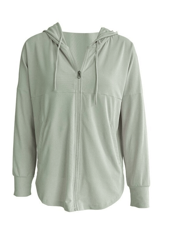 Light gray sports loose women's jacket with hood, perfect for training, made from breathable, quick-drying fabric. Model SF0138.