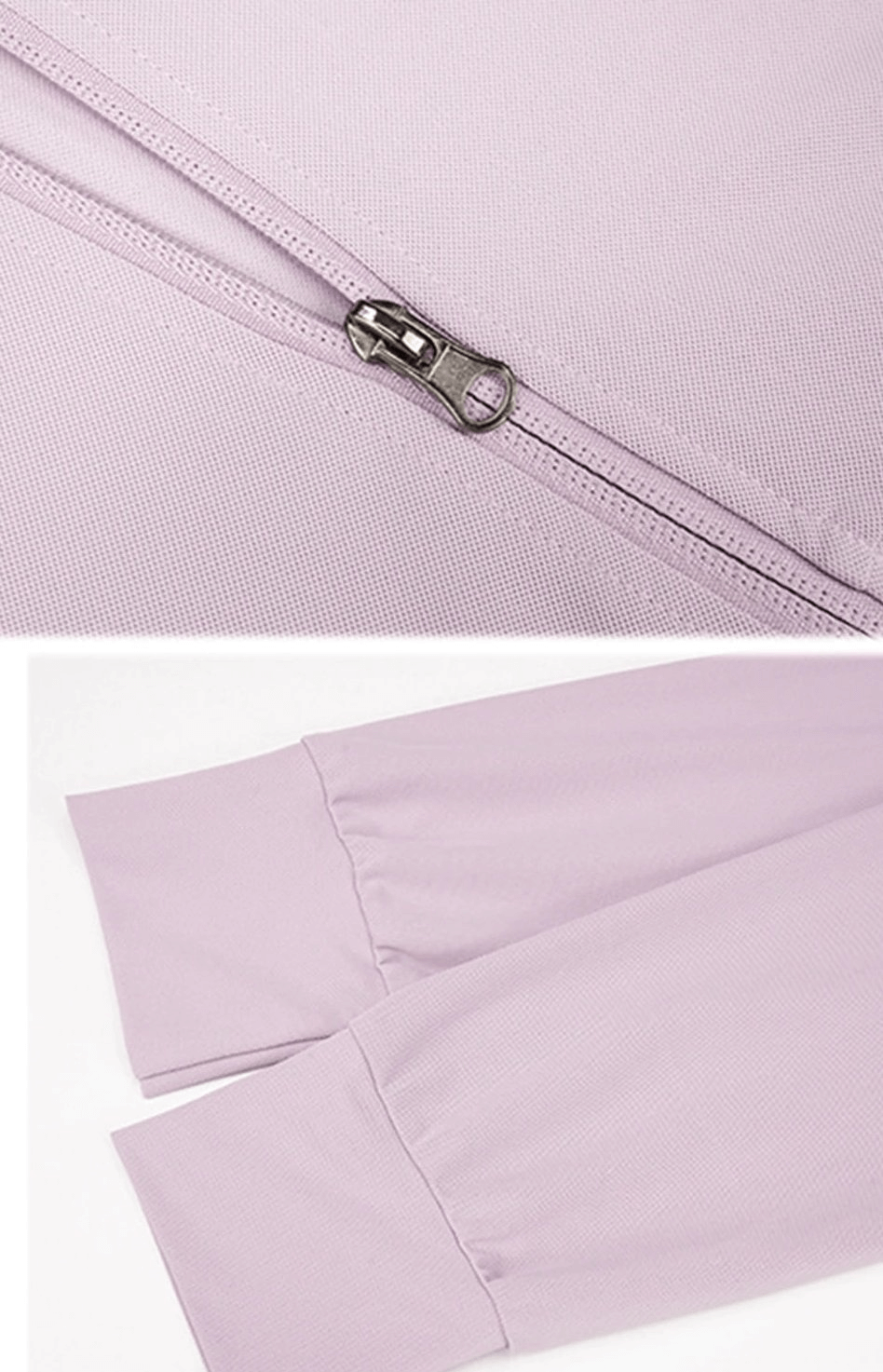 Close-up of zipper and sleeve details on a pastel-colored sports jacket, perfect for active women's training.