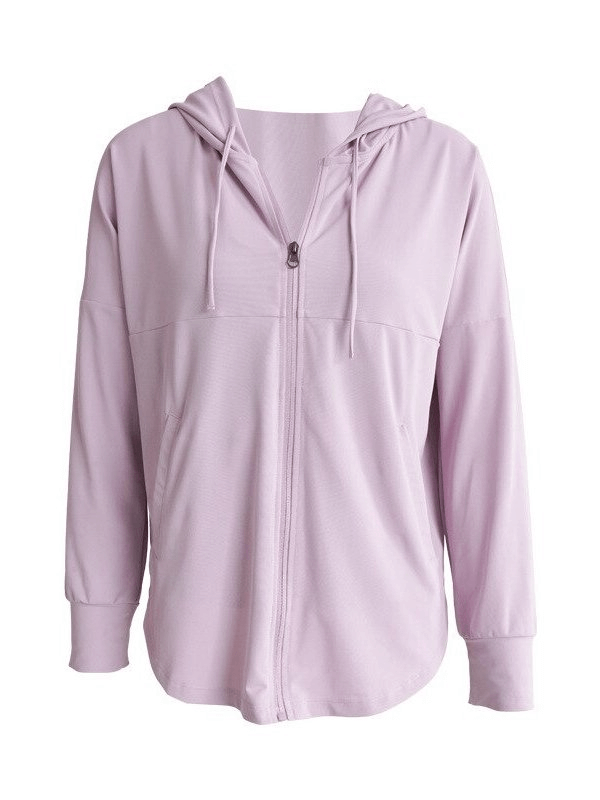 Light pink women's sports loose jacket with hood, ideal for training and active wear, made from breathable nylon and spandex.