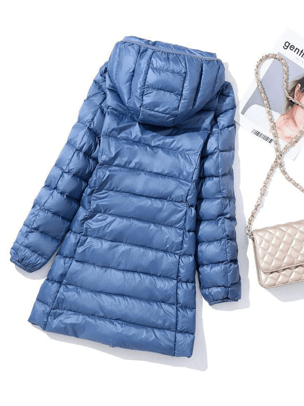 Blue puffer jacket with detachable hood and double zipper, windproof design, crafted from nylon and 90% white duck down.