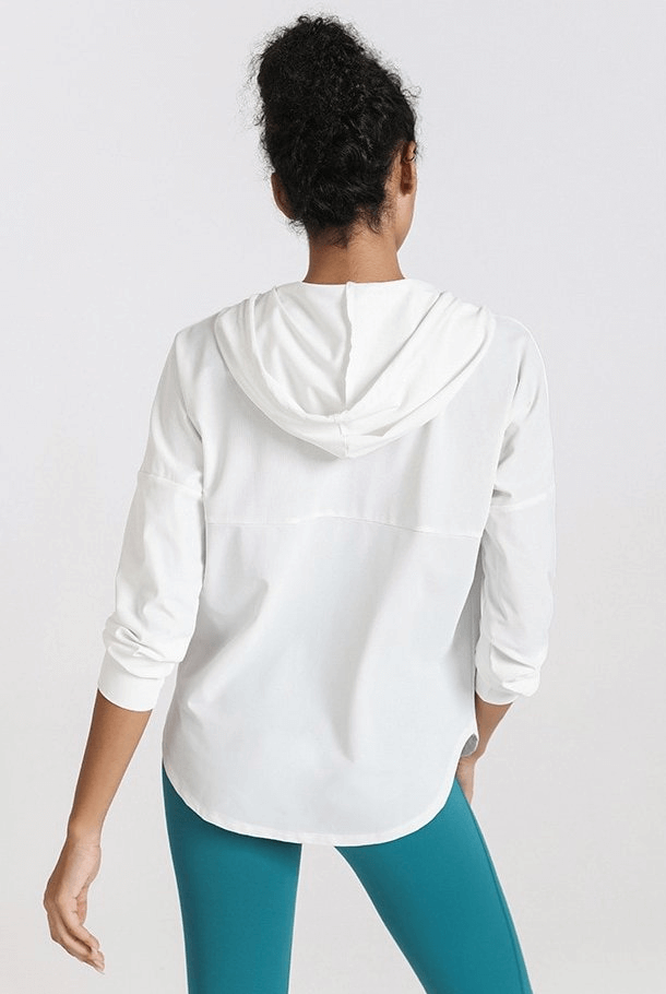 Back view of woman wearing white Quick Dry Loose Casual Training Hoodie with Zipper, ideal for yoga and running.