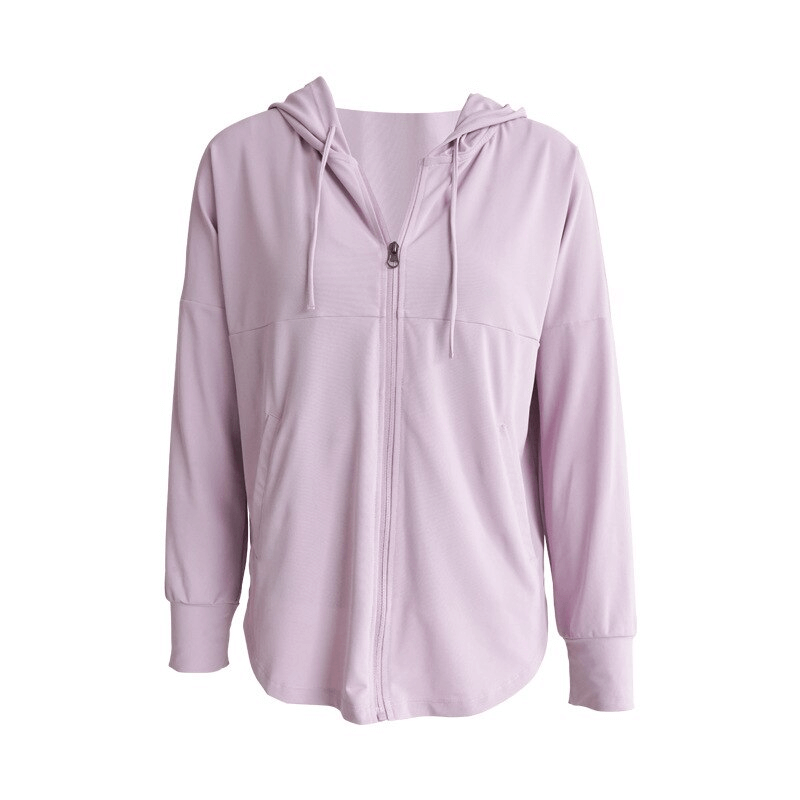 Light pink women's quick dry loose casual training hoodie with zipper, perfect for yoga, running, and fitness. Nylon and spandex.