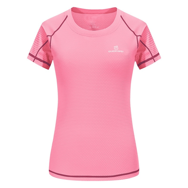 Pink quick-dry short sleeve running t-shirt for women, breathable slim fit, perfect for yoga, cycling, and fitness activities.