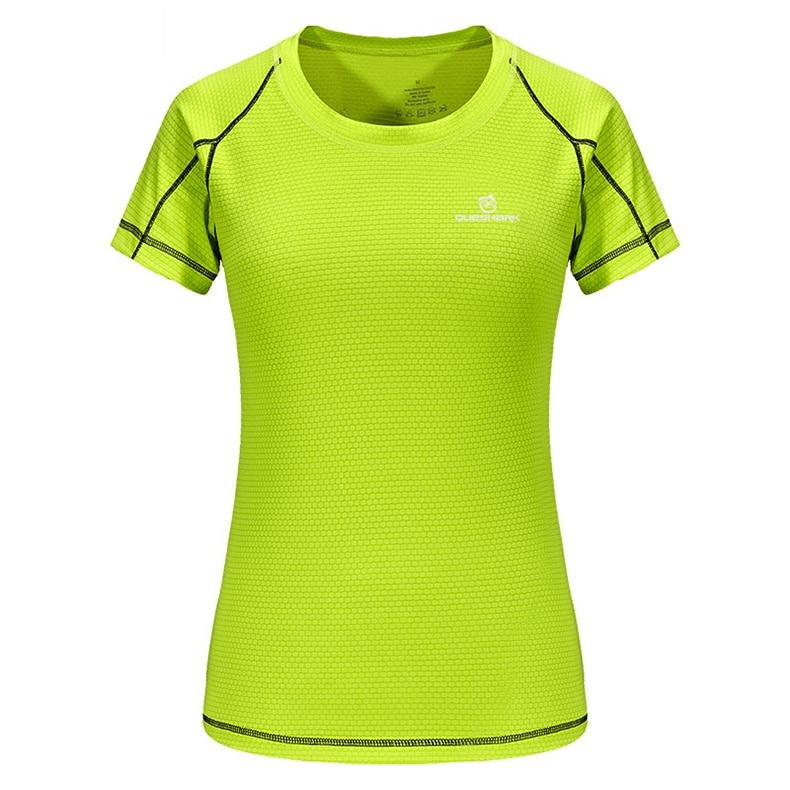 Neon green quick dry short sleeves sports t-shirt for women, breathable slim fit for running, cycling, and fitness activities.
