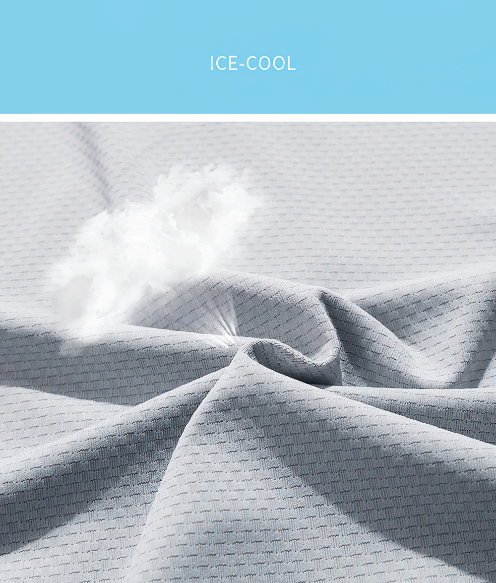 Close-up of lightweight, breathable fabric texture with cooling effect, labeled "Ice-Cool."