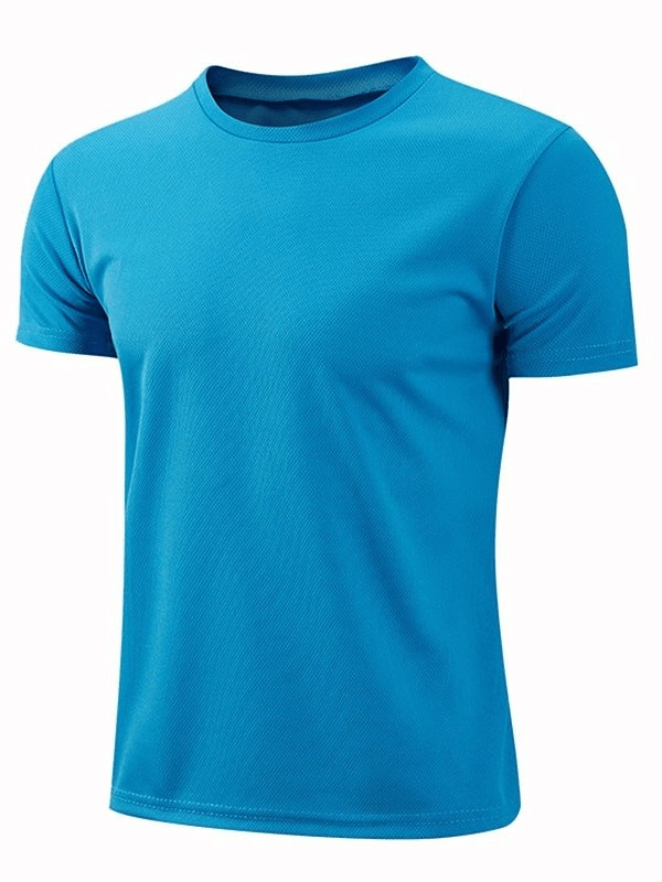 Men's quick-drying blue sports short-sleeved T-shirt, polyester, ideal for bodybuilding and moisture-wicking comfort.