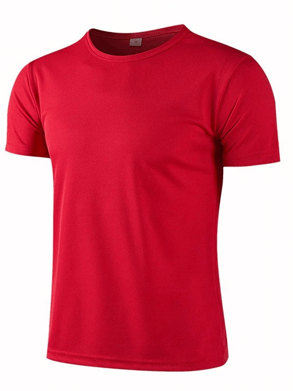 Quick-drying red sports T-shirt for men, short-sleeved polyester, designed for bodybuilding and comfort, moisture-wicking fabric.