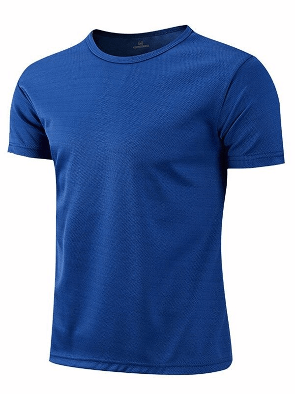 Blue quick-drying short-sleeved sports T-shirt for men, perfect for bodybuilding with moisture-wicking polyester fabric.