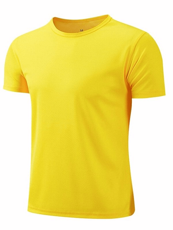 Bright yellow quick-drying short-sleeved sports T-shirt for men, perfect for bodybuilding and activewear, made from breathable polyester.